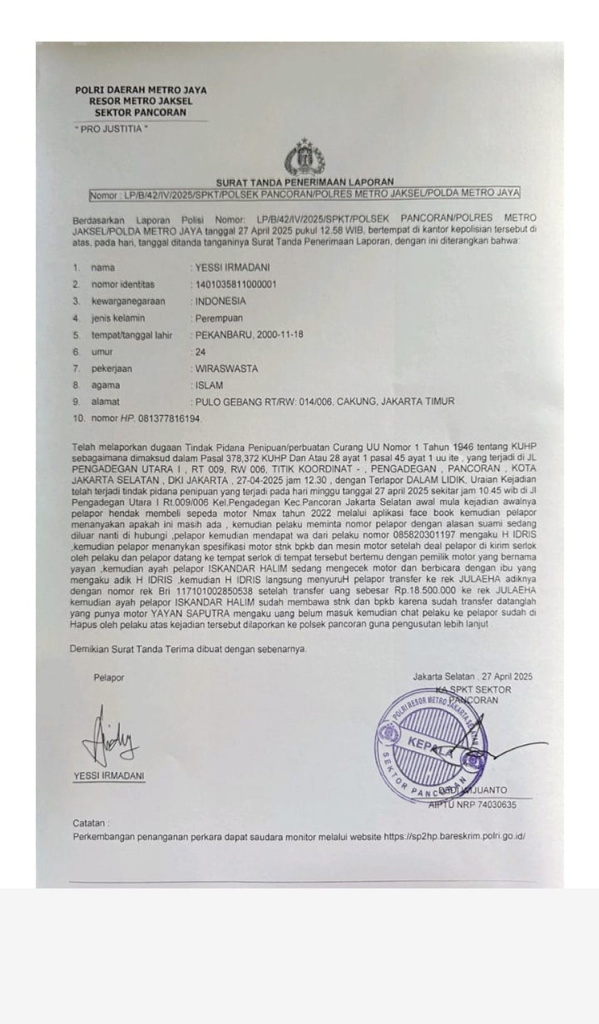 Warga Pulo Gebang Tertipu Pembelian Motor via Facebook, Rugi 18 Juta Rupiah, Lapor Polisi